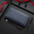 Men long leather wallet dark blue zipper clutch bag with wrist strap for casual daily use - Blue