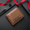 Retro men's brown leather short wallet with secure zipper closure and compact design. - Light Coffee