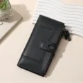 Black PU leather long wallet for women, multiple card slots, stylish hand clutch bag. - Black