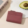 Classic wine red short women wallet with zipper and card slots, simple stylish PU leather purse. - Burgundy