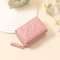Pink women's short trifold wallet with cute embroidered hearts, compact card holder and coin purse. - Light Pink