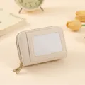 Mini PU leather card holder wallet for women, compact accordion card case with zipper and ID window. - White