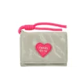 Women minimalist short tri fold wallet with pink heart patch and bright lanyard for daily use - Light Gray