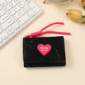 Women trifold short wallet with pink lanyard and heart patch, minimalist daily casual purse. - Black