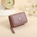 Cute women short wallet with heart metal decor, compact coin purse and zip pocket. - Bean Paste Pink