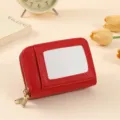 Red PU leather accordion card holder, portable short wallet with zipper and slots. - Red