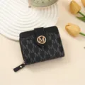 Black PU leather short wallet with M monogram print, metal clasp and zipper coin pocket design. - Black