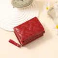 Red quilted short wallet for women, cute heart embroidery trifold PU leather card purse. - Red