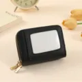Black textured leather accordion card holder, portable short zip wallet with ID window. - Black
