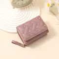 Chic pink quilted short wallet for women with heart embroidery and zipper coin pocket daily use - Bean Paste Pink