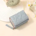 Women short quilted wallet light blue heart embroidery card holder coin purse compact snap closure - Light Blue