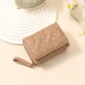 Women short wallet cute embroidered heart trifold coin purse compact PU leather card holder - Light Khaki