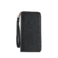 Black PU leather wallet for women, embossed floral long purse with wrist strap and zipper. - Black