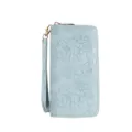 Stylish women's long wallet with embossed floral design, PU leather, zip-around and wrist strap. - Blue