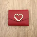 Red Short Wallet with Heart Buckle Trifold PU Leather Women Card Holder Coin Purse - Red