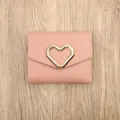 Pink women short wallet with gold heart clasp, tri-fold card holder coin purse variant. - Pink