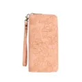 Women Long PU Leather Wallet Embossed Floral Clutch Purse with Wrist Strap Peach Pink - Pink