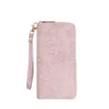 Women's PU embossed long wallet with wrist strap chic floral zip around purse card holder. - Purple