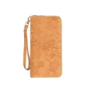 Women PU Leather Long Wallet Floral Embossed Zipper Purse Wrist Strap Card Holder - Yellow
