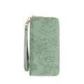 Women embossed long PU leather wallet with wrist strap and zipper closure, large capacity purse. - Green