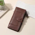 Stylish women's long PU leather wallet with multiple card slots and secure zipper closure. - Dark Brown