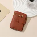 Women's short bifold wallet brown PU leather coin purse multi card slots cute compact design. - Brown