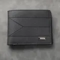 Men's Black Bifold Wallet Short Horizontal Leather Card Holder with Metal Logo Plaque Style - Black