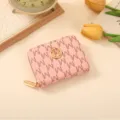Pink short women wallet with metal letter logo zip coin purse mini card holder fashion style - Pink