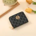 Women short black wallet with monogram print, compact zipper coin purse and card slots. - Black