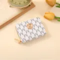 Women short zipper wallet classic monogram pattern compact coin purse stylish card holder - White