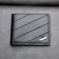 Men black bifold leather wallet with card slots, slim horizontal design and metal decor. - Black