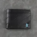 Men's short PU leather wallet with stylish diagonal stripes and blue letter B logo. - Black