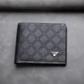 Men's black short PU leather wallet with quilted grid pattern slim bifold card holder chic - Black