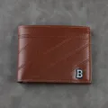 Men's brown PU leather short wallet with classic diagonal stitching and metal B logo design. - Light Coffee