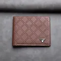 Men's brown short wallet with stylish grid pattern and unique metal triangle logo design. - Light Coffee