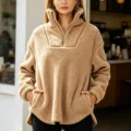 Women half zip sherpa fleece pullover sweater detail view, warm winter cozy casual top. - S / Tops / Brown