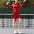Langarm Tennis Kleid Damen Sportkleidung Sportkleid mit Bindegürtel tailliertes Sportoutfit - S / Kleider / Rot
