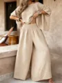 Casual solid color loose round neck off shoulder summer women two piece set with wide pants - S / Top And Bottom / Apricot