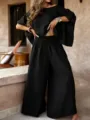 Casual summer women two-piece set, solid black off-shoulder top and wide leg pants outfit. - S / Top And Bottom / Black