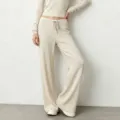 Ribbed knit long sleeve crop top and wide leg pants set in off-white, casual cozy loungewear. - S / Bottoms / Off White