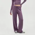 Purple ribbed knit two-piece lounge set, casual long sleeve top and wide leg pants. - S / Bottoms / Purple