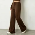 Brown ribbed knit wide-leg pants for women, casual high waist drawstring lounge trousers. - S / Bottoms / Brown
