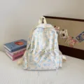 Casual blue bow print beige backpack, cute student school bag, large capacity daily daypack. - Blue