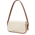 Woven straw shoulder bag detail showing the intricate texture, brown leather strap and flap. - Brown
