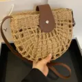 Woven straw crossbody bag for women, summer beach hobo saddle bag with brown leather flap. - Khaki