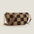 Brown tan checkerboard canvas crossbody bag close-up detail gold chain strap chic. - Crossbody Brown