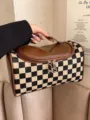 Large portable plaid cosmetic bag, fashion large capacity patchwork wash bag with handle. - Coffee