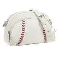 White leather crossbody shoulder bag featuring unique red baseball stitch design and zipper. - White