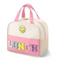 Insulated lunch bag with cute smiley face and colorful letter embroidery for daily use. - Creamy White Pink