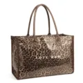 Stylish leopard print PVC tote bag with brown handles, spacious casual shoulder handbag. - Leopard Brown